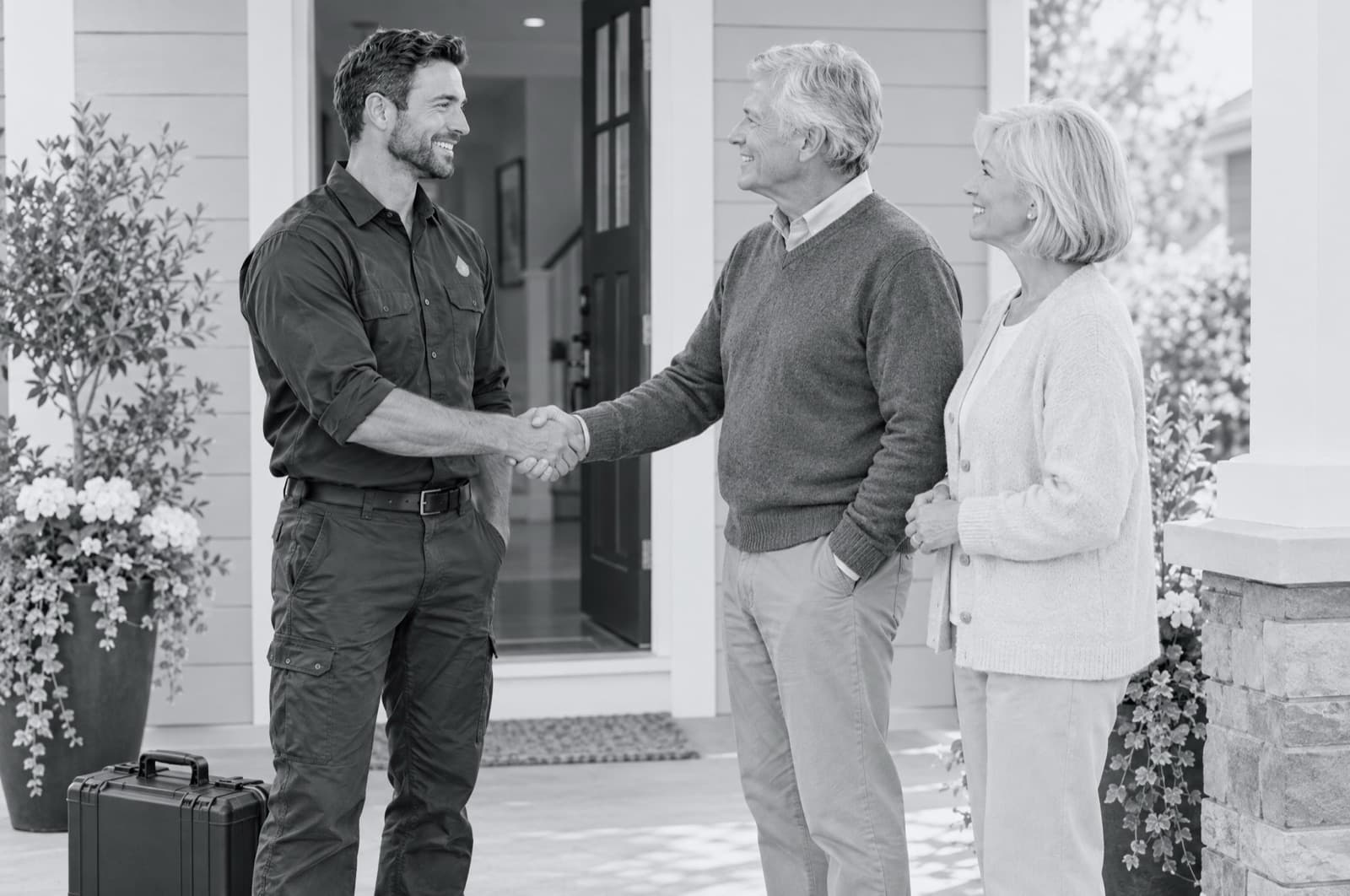 A technician shaking hands with a returning customer on his porch, his wife smiling beside him