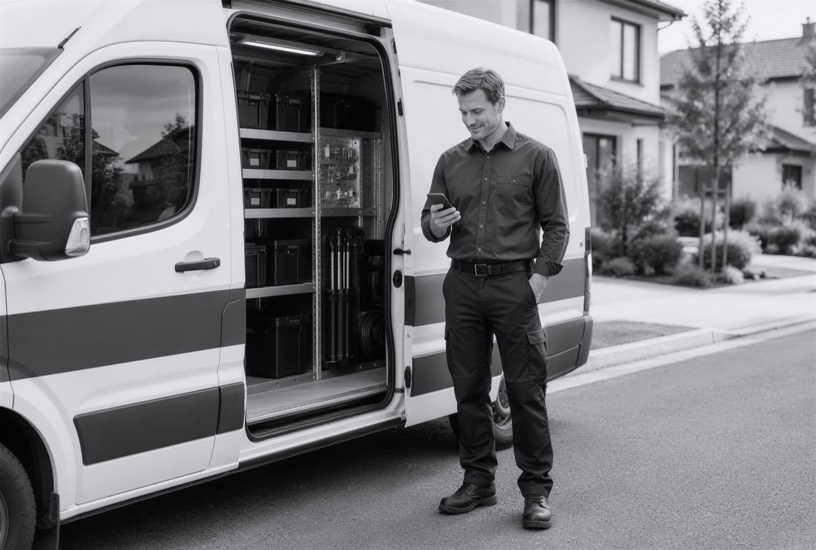 A plumber at his van checking his next job on his phone.