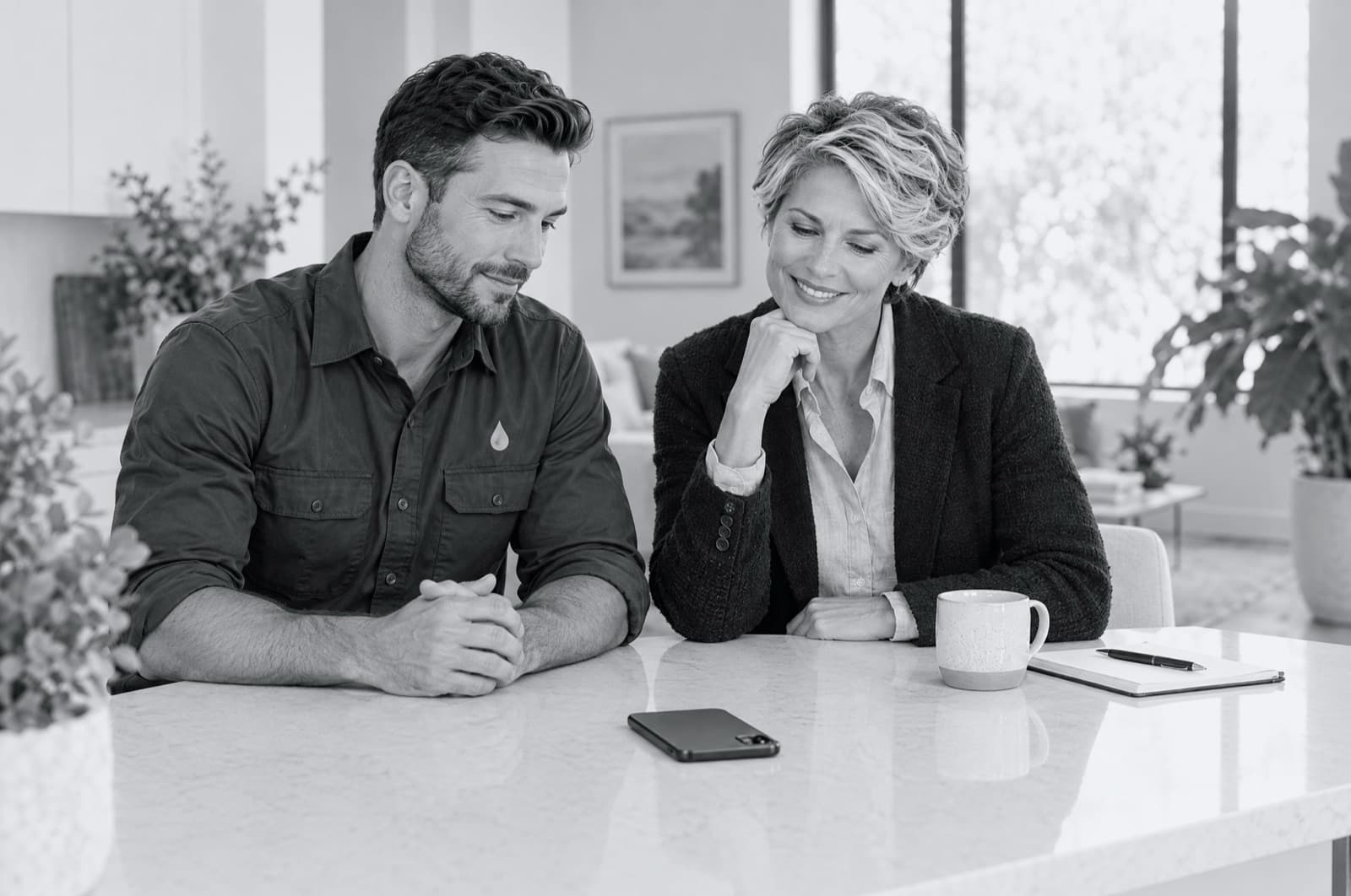 An owner and a technician at a kitchen island, listening to a test call on a phone