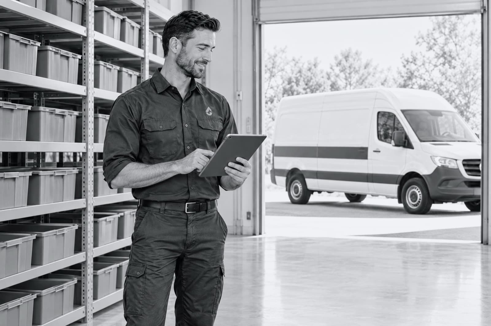 A technician in a tidy stock room checking a tablet, a service van at the open bay door
