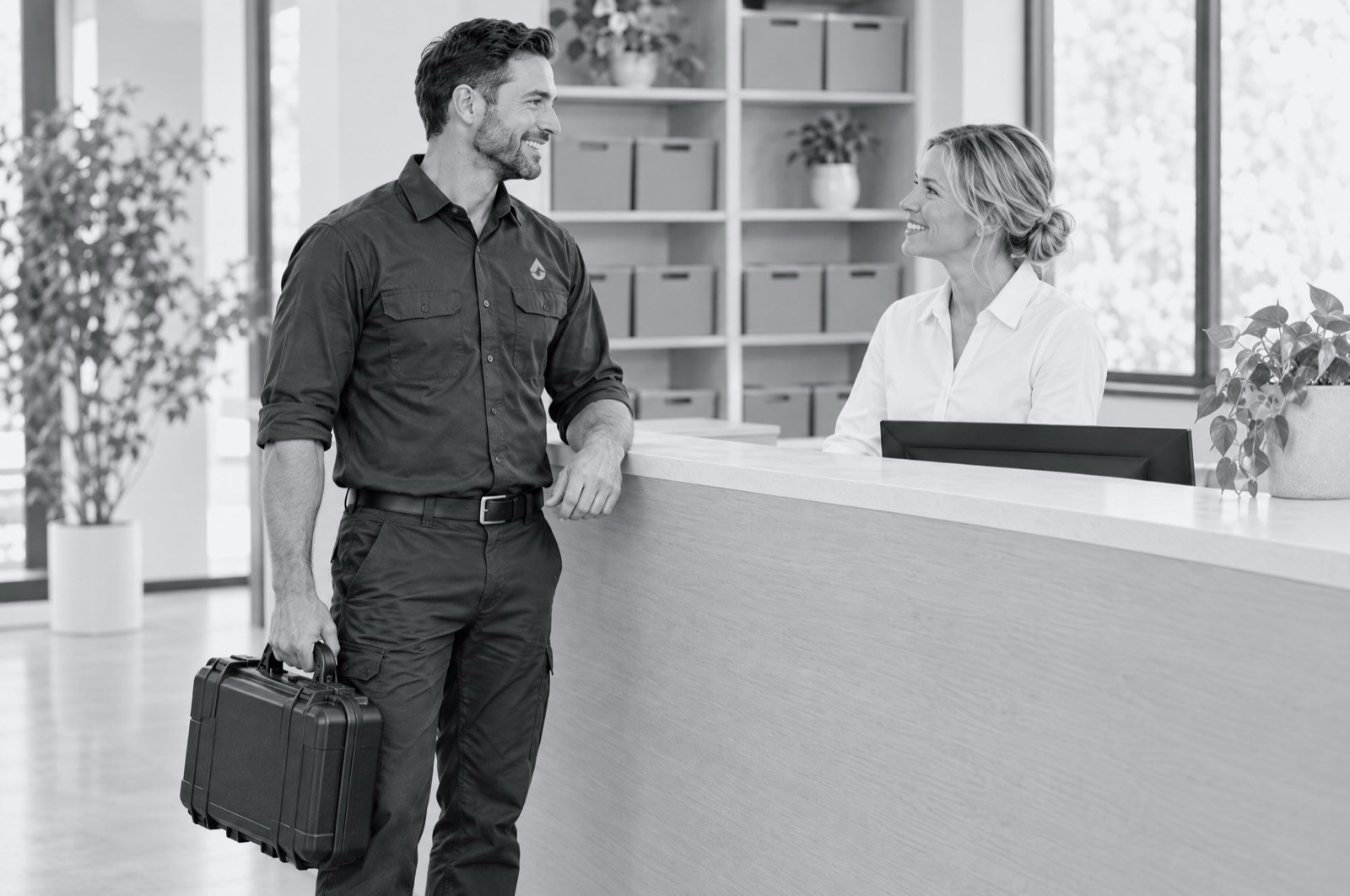 A technician with his tool case chatting with the branch coordinator at the front counter