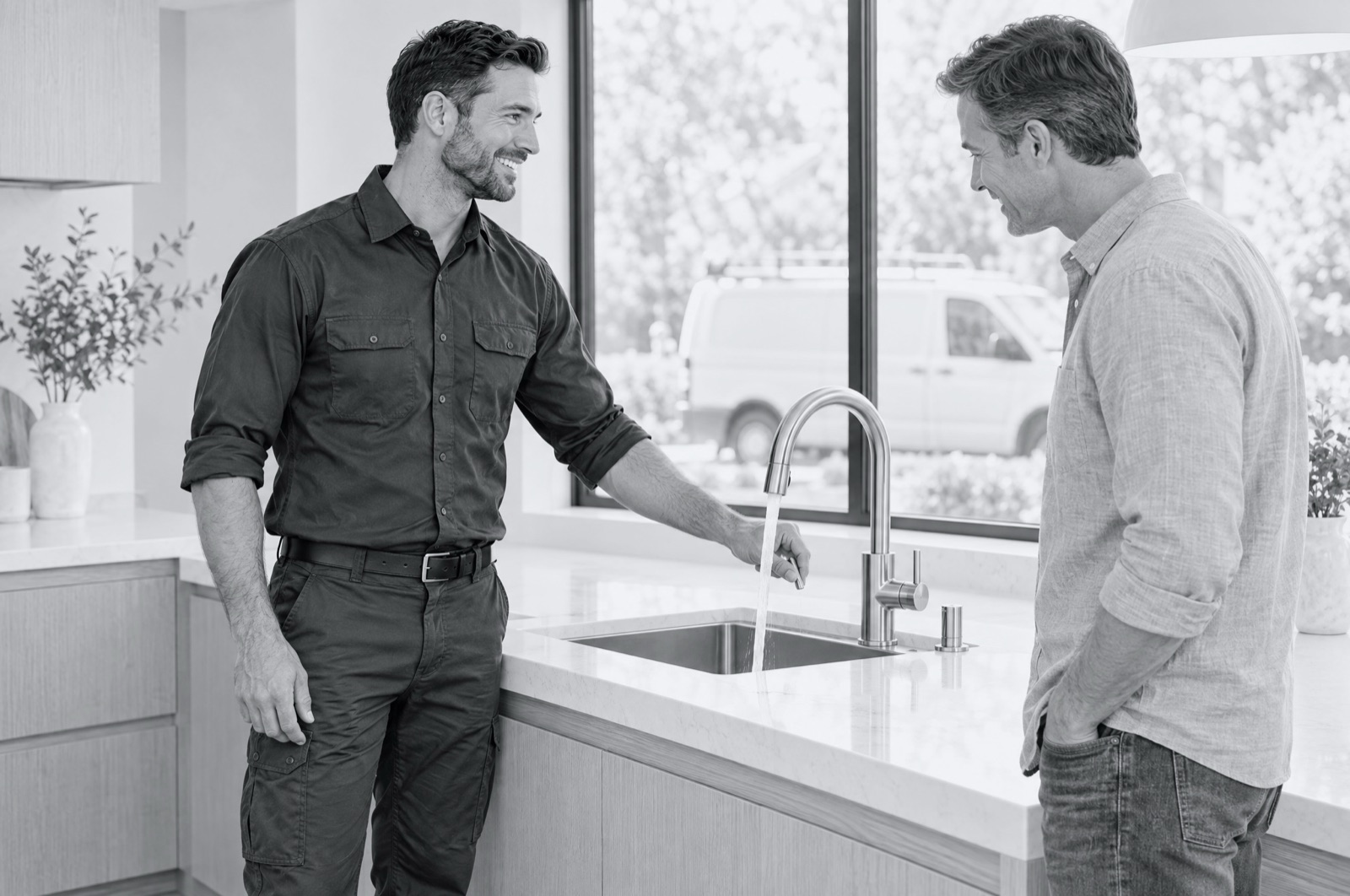 A plumber showing a homeowner his new kitchen faucet, the service van parked outside.